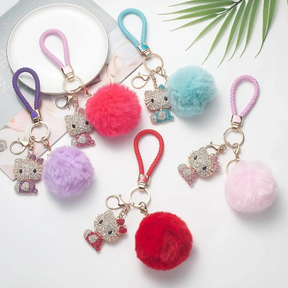 Pink Pom Pom Keychain for Women Girls Kawaii Fluffy Bag Charm Decor